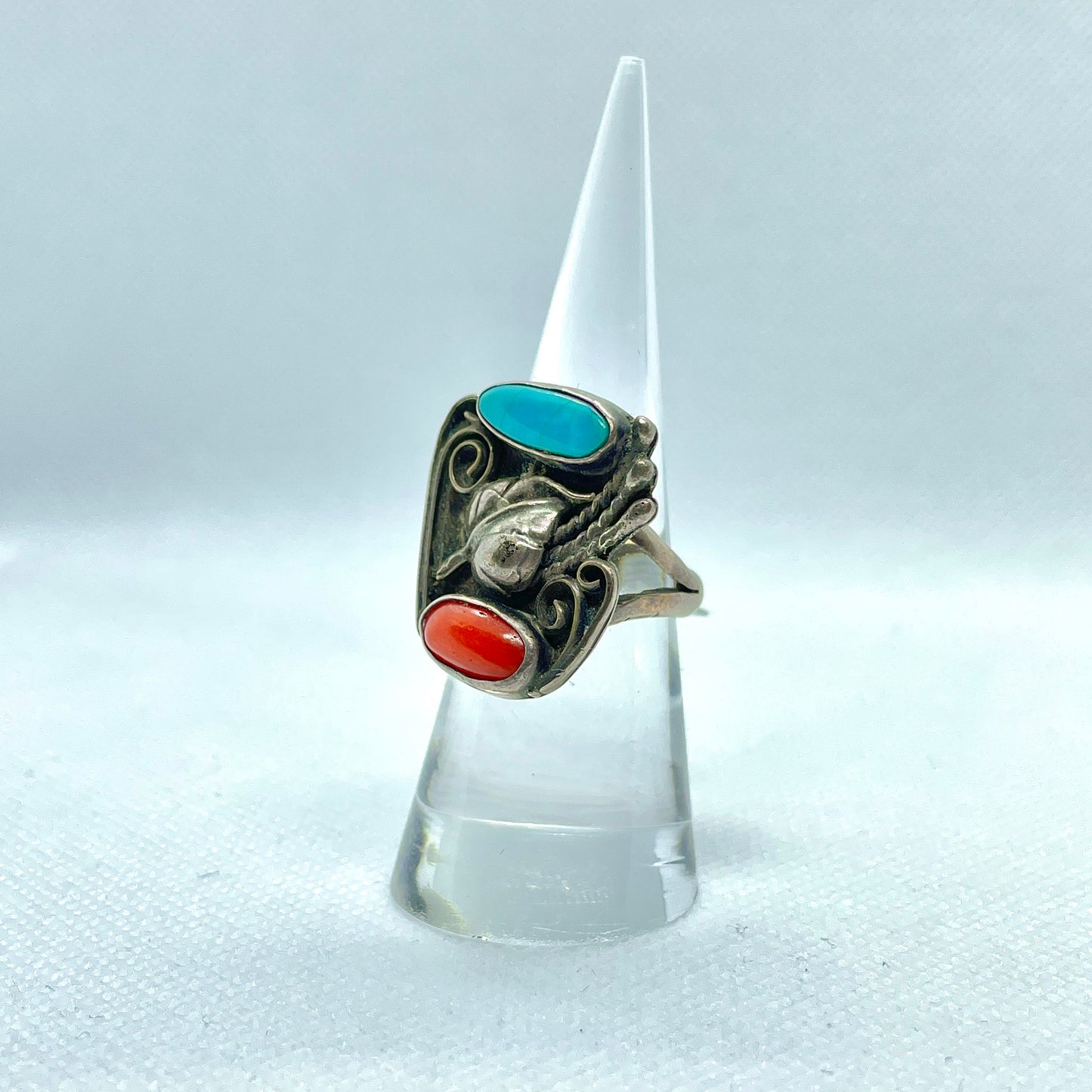 Turquoise & Coral Silver Ring