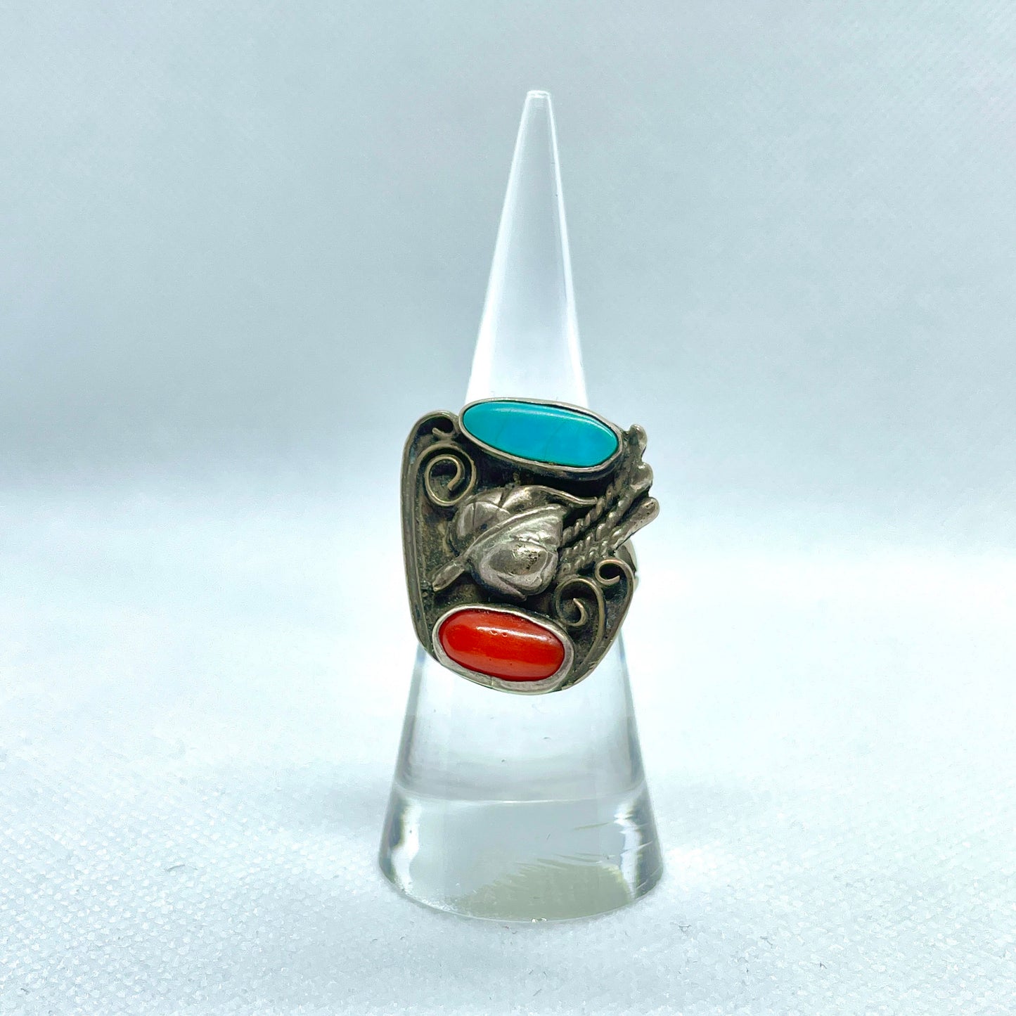 Turquoise & Coral Silver Ring